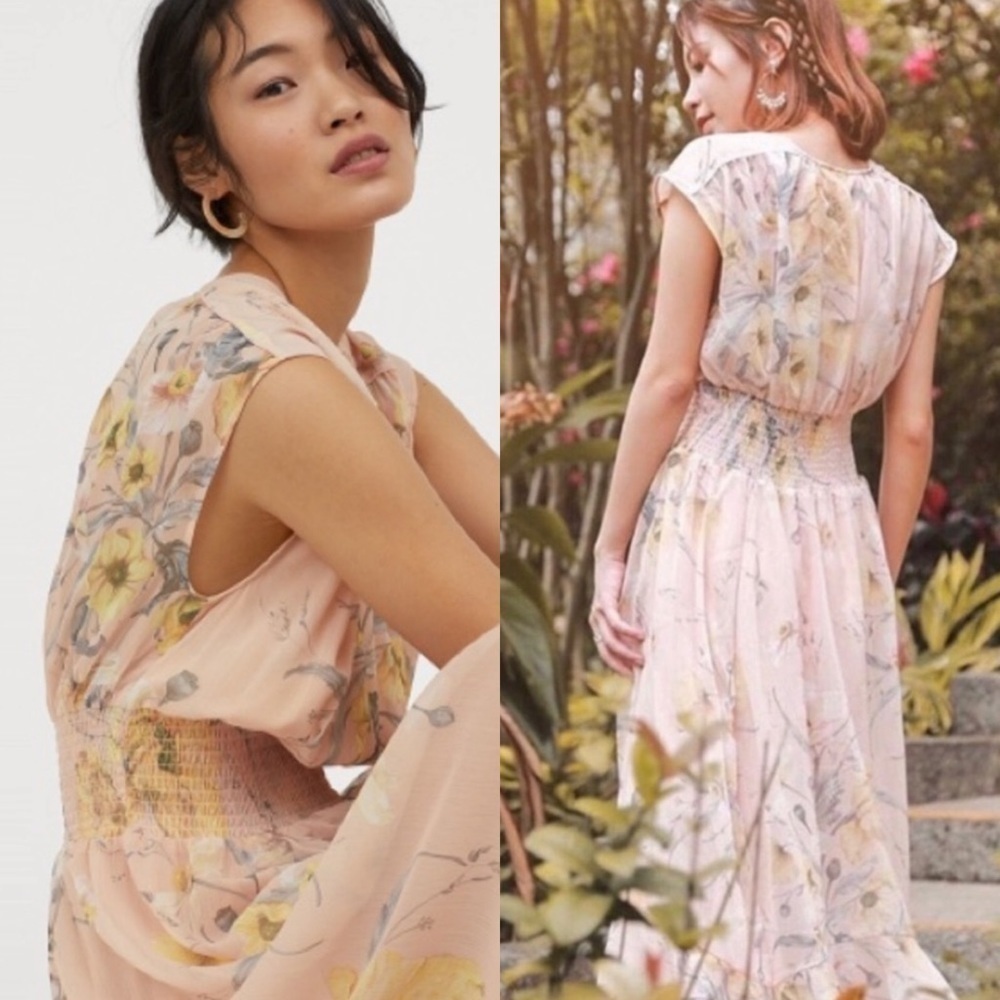 H&M Conscious Collection Surplice Smocked Waist Floral Maxi Dress, Blush, Sz 2